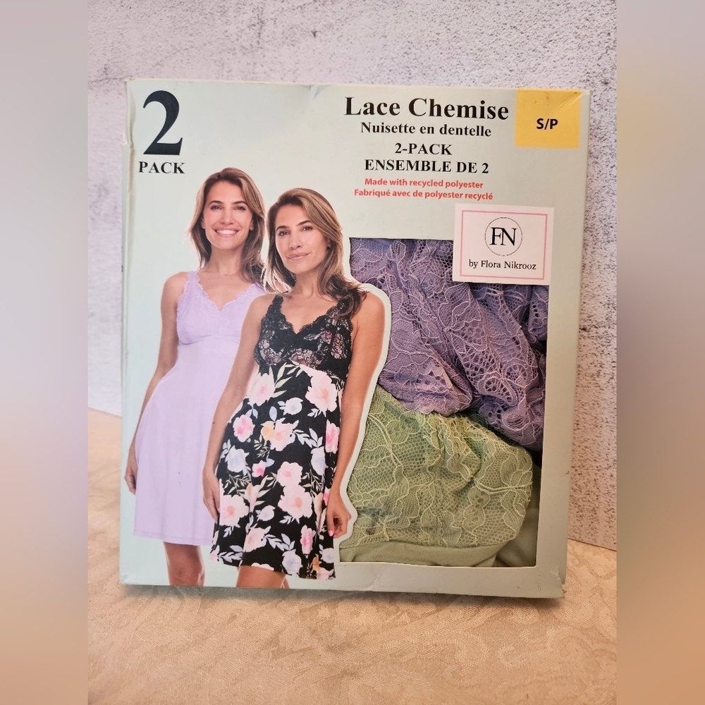 Flora Nikrooz Size Small Solid Green and Mauve 2 Pack of Lace Chemises